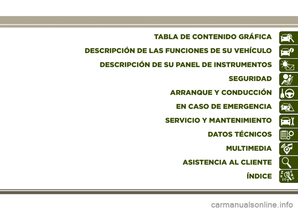 JEEP GRAND CHEROKEE 2017  Manual de Empleo y Cuidado (in Spanish) TABLA DE CONTENIDO GRÁFICA
DESCRIPCIÓN DE LAS FUNCIONES DE SU VEHÍCULO
DESCRIPCIÓN DE SU PANEL DE INSTRUMENTOS
SEGURIDAD
ARRANQUE Y CONDUCCIÓN
EN CASO DE EMERGENCIA
SERVICIO Y MANTENIMIENTO
DATOS