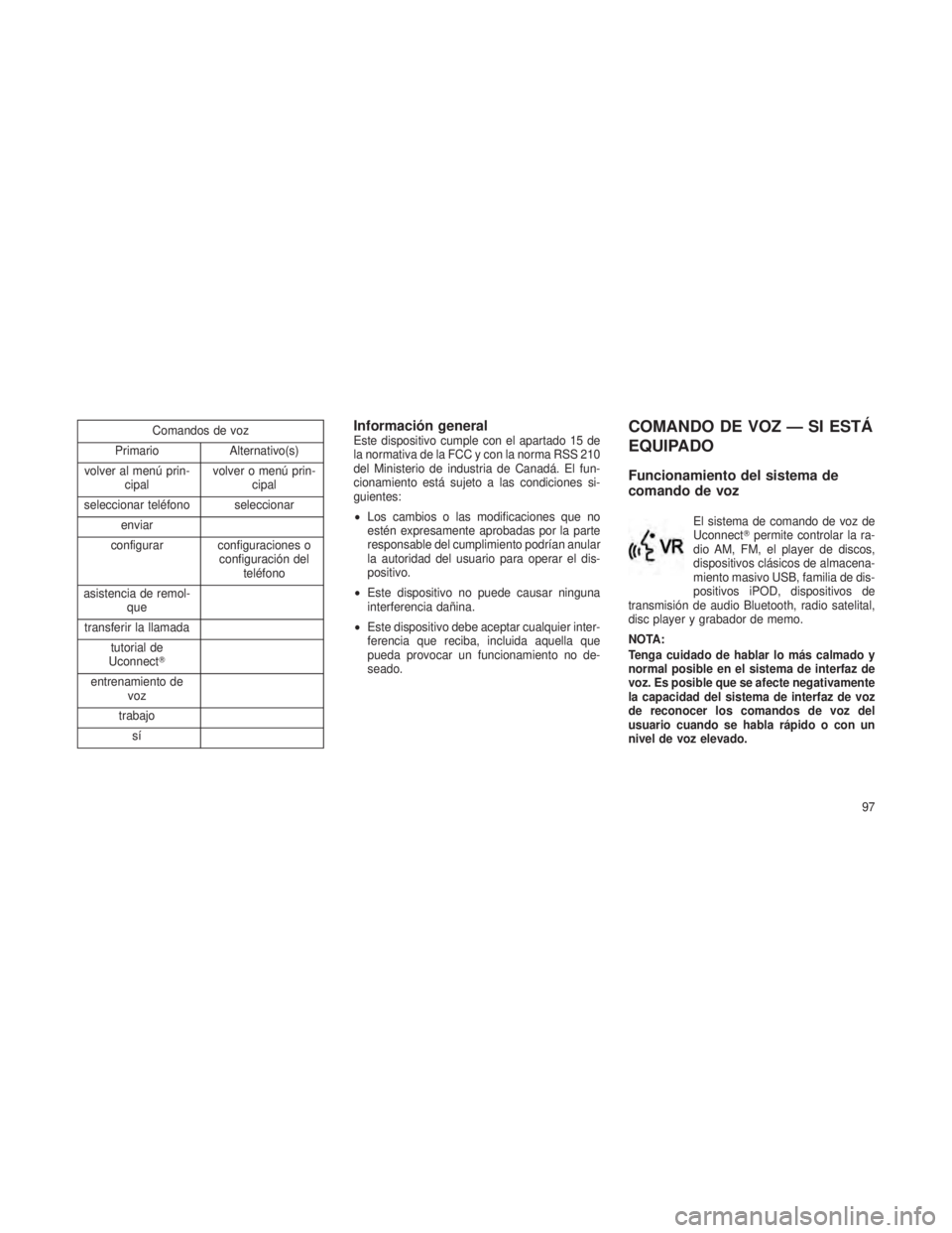 JEEP PATRIOT 2018  Manual de Empleo y Cuidado (in Spanish) Comandos de voz
Primario Alternativo(s)
volver al menú prin- cipal volver o menú prin-
cipal
seleccionar teléfono seleccionar enviar
configurar configuraciones o configuración delteléfono
asisten