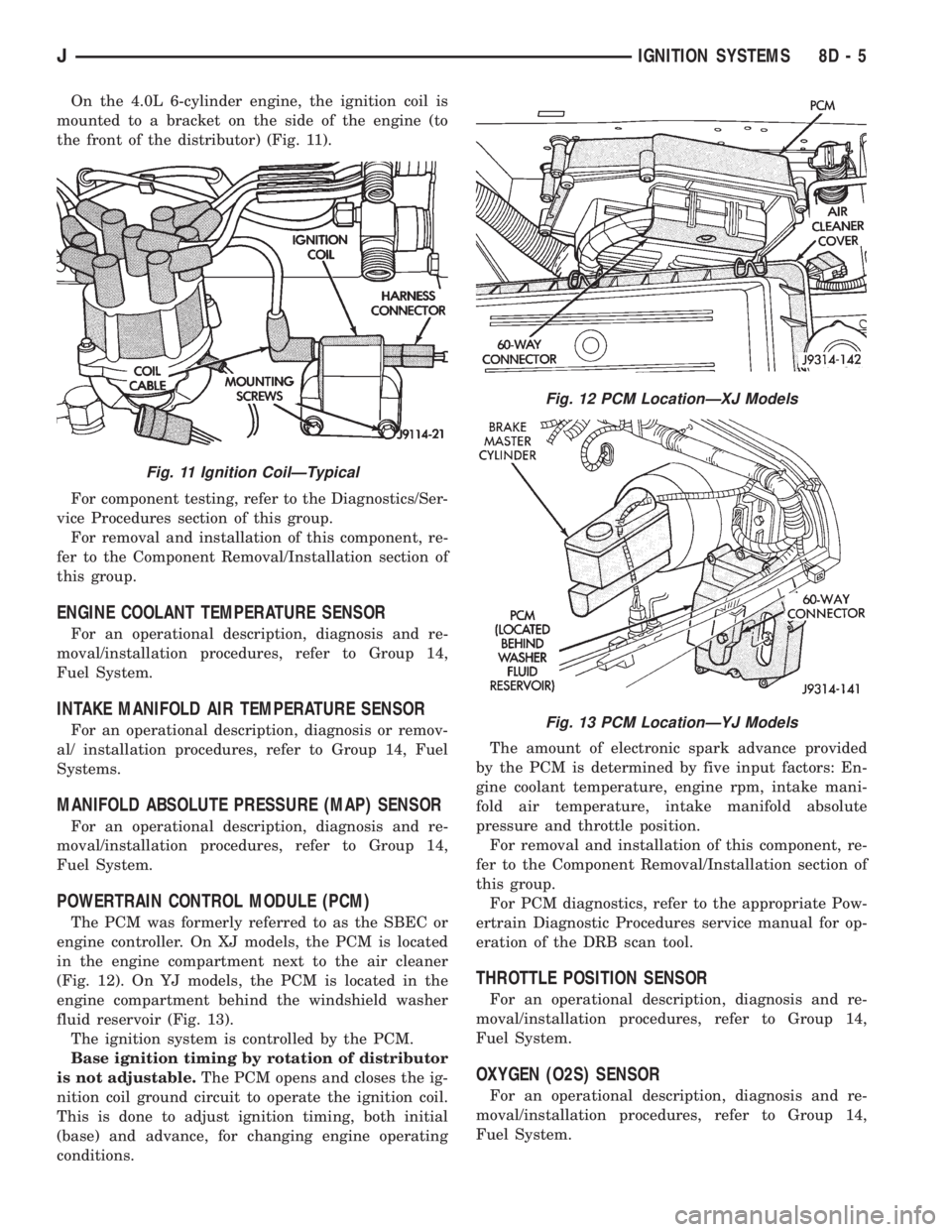 JEEP XJ 1995  Service And Repair Manual On the 4.0L 6-cylinder engine, the ignition coil is
mounted to a bracket on the side of the engine (to
the front of the distributor) (Fig. 11).
For component testing, refer to the Diagnostics/Ser-
vic