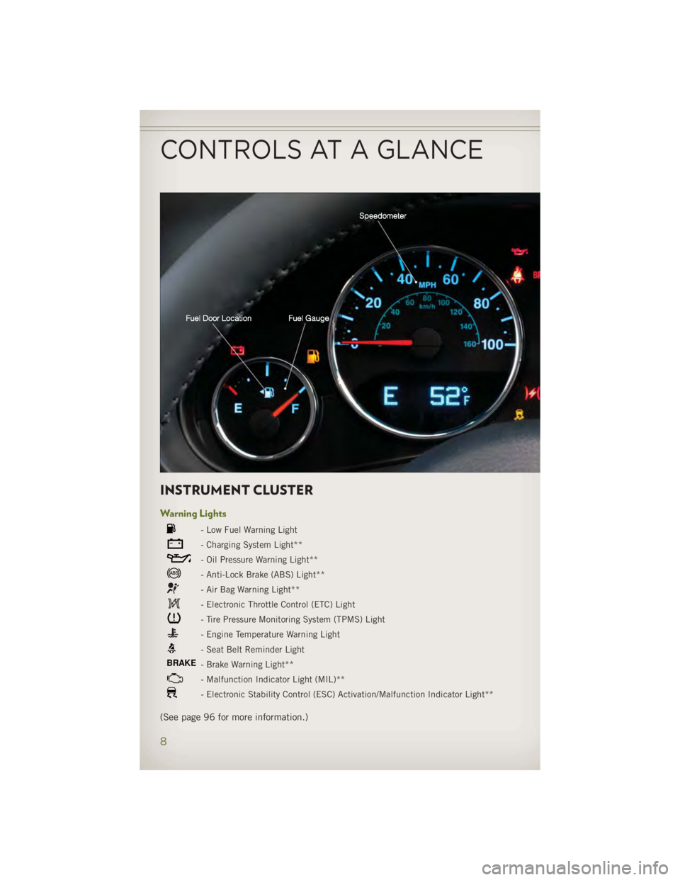 JEEP WRANGLER UNLIMITED 2014  Owners Manual INSTRUMENT CLUSTER Warning Lights - Low Fuel Warning Light
- Charging System Light**
- Oil Pressure Warning Light**
- Anti-Lock Brake (ABS) Light**
- Air Bag Warning Light**
- Electronic Throttle Cont