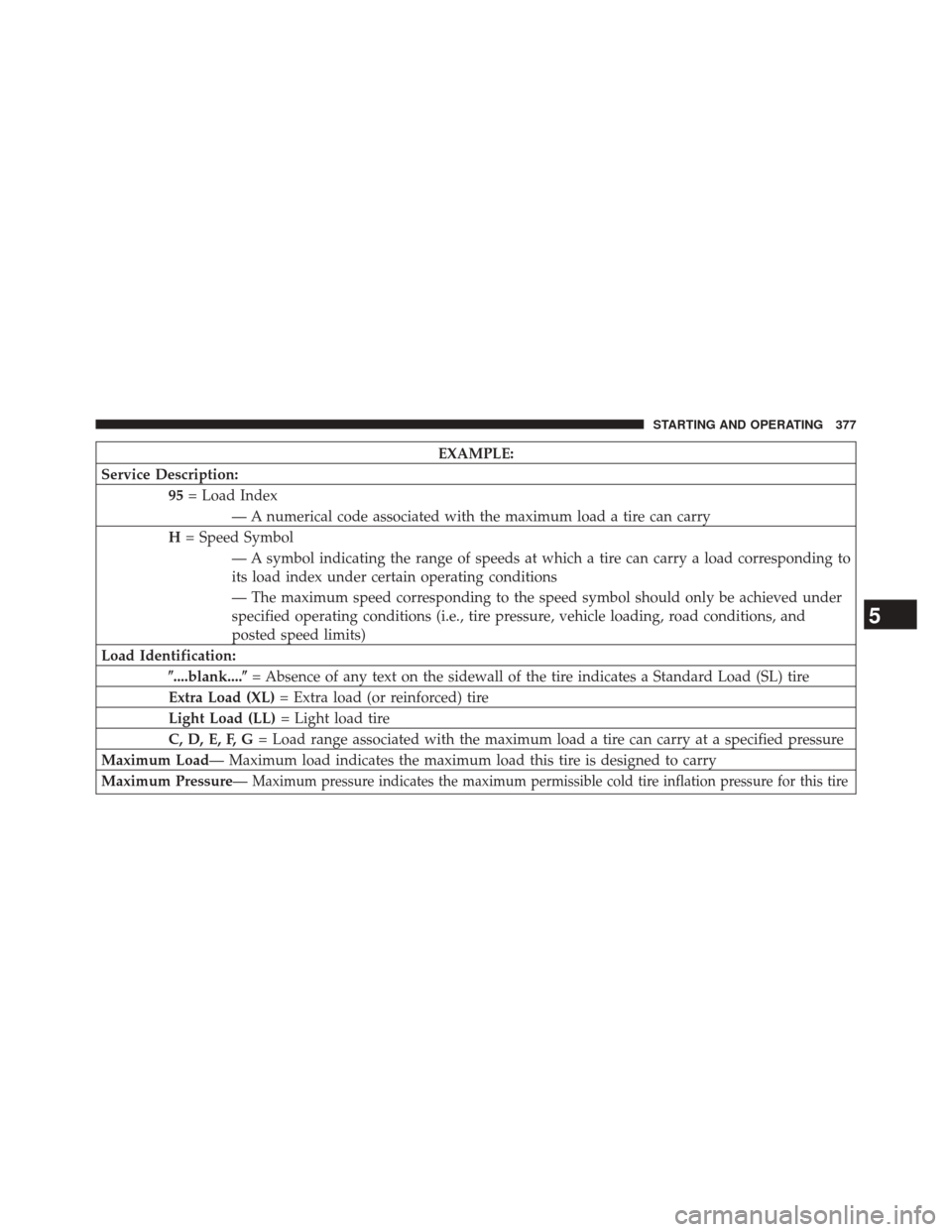 JEEP PATRIOT 2014 1.G Owners Manual EXAMPLE:
Service Description: 95= Load Index
— A numerical code associated with the maximum load a tire can carry
H = Speed Symbol
— A symbol indicating the range of speeds at which a tire can car