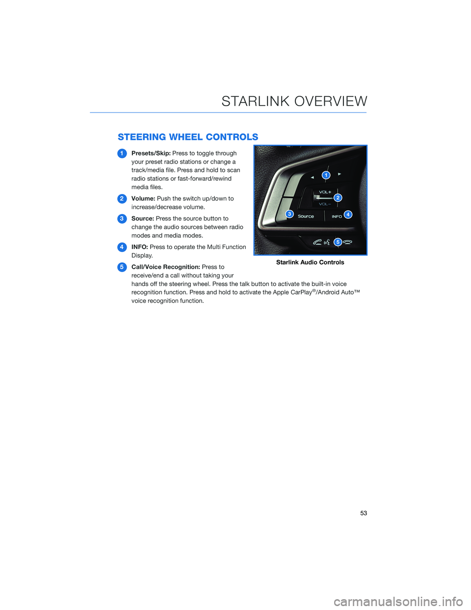 SUBARU CROSSTREK 2022  Getting Started Guide STEERING WHEEL CONTROLS
1Presets/Skip:Press to toggle through
your preset radio stations or change a
track/media file. Press and hold to scan
radio stations or fast-forward/rewind
media files.
2Volume