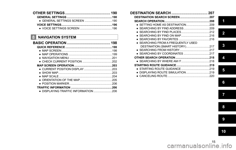 SUBARU CROSSTREK 2017 1.G Multimedia System Manual 1
2
3
4
5
6
7
8
9
10
15
OTHER SETTINGS ............................................. 190
GENERAL SETTINGS ........................................................190
  ”GENERAL SETTINGS SCREEN ....