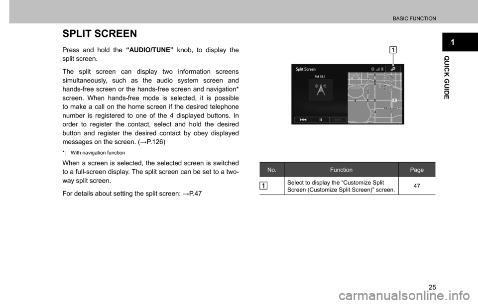 SUBARU CROSSTREK 2017 1.G Multimedia System Manual BASIC FUNCTION
25
1
QUICK GUIDE
SPLIT SCREEN
Press and hold the “AUDIO/TUNE” knob, to display the 
split screen.
The split screen can display two information screens 
simultaneously, such as the a