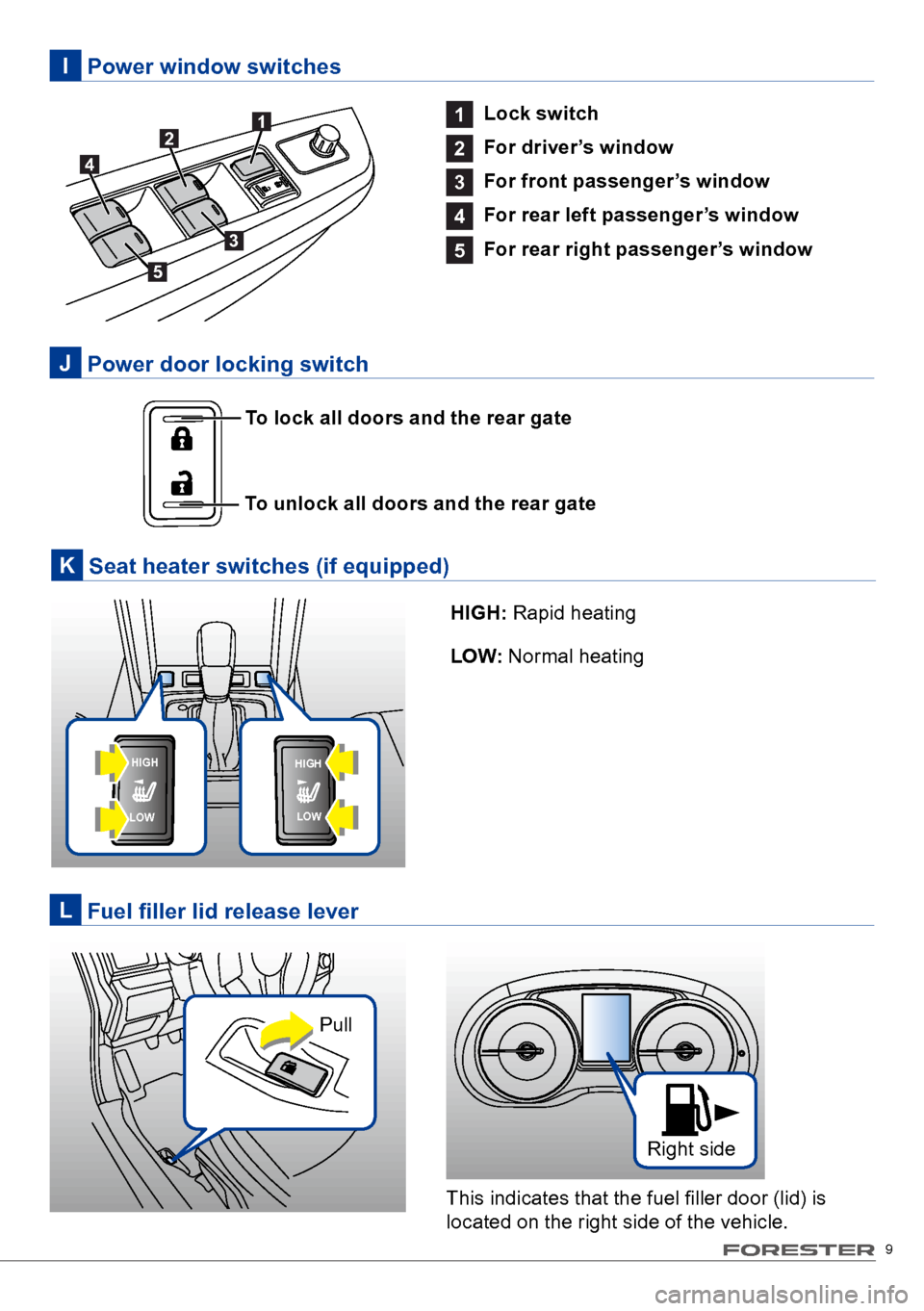 SUBARU FORESTER 2017 SJ / 4.G Quick Reference Guide 9
1 
Lock switch
2  
For driver’s window
3  
For front passenger’s window
4  
For rear left passenger’s window
5  
For rear right passenger’s window
  Power window switchesI
To unlock all door