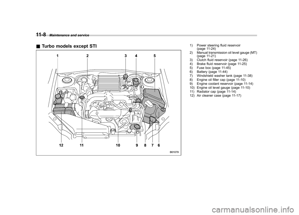 SUBARU IMPREZA 2011 4.G Owners Manual 11-8Maintenance and service
& Turbo models except STI
1) Power steering fluid reservoir
(page 11-24)
2) Manual transmission oil level gauge (MT) (page 11-21)
3) Clutch fluid reservoir (page 11-26) 
4)