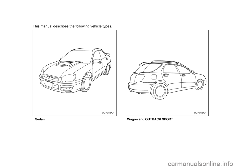 SUBARU IMPREZA WRX 2004 2.G Owners Manual This manual describes the following vehicle types.Sedan Wagon and OUTBACK SPORT
UGF053AAUGF055AA 