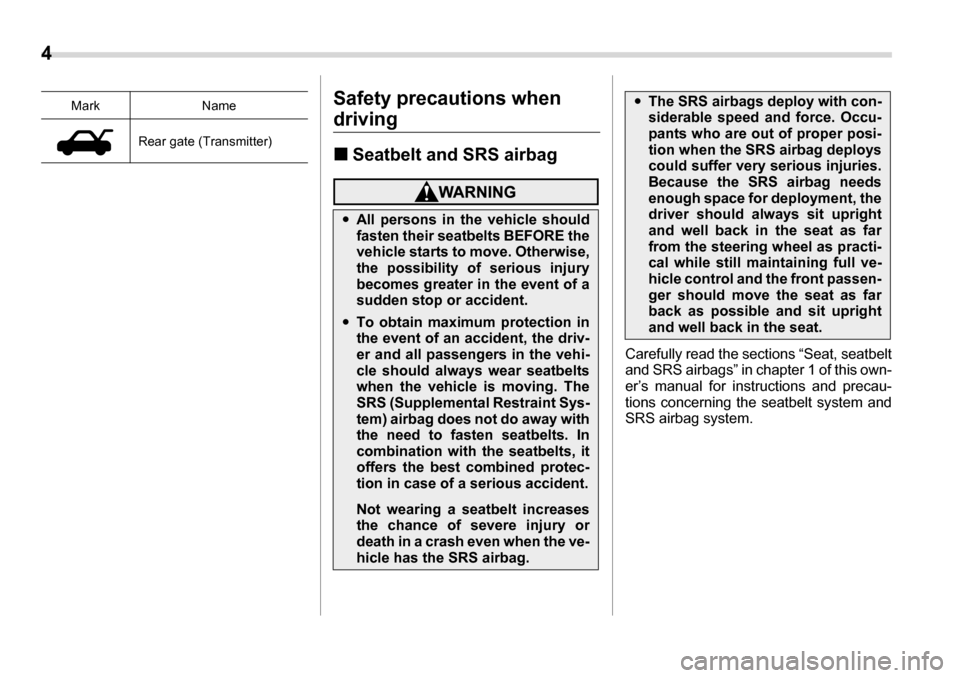 SUBARU TRIBECA 2006 1.G Owners Manual 4 
Safety precautions when 
driving �„ Seatbelt and SRS airbag
Carefully read the sections “Seat, seatbelt 
and SRS airbags” in chapter 1 of this own-
er’s manual for instructions and precau- 