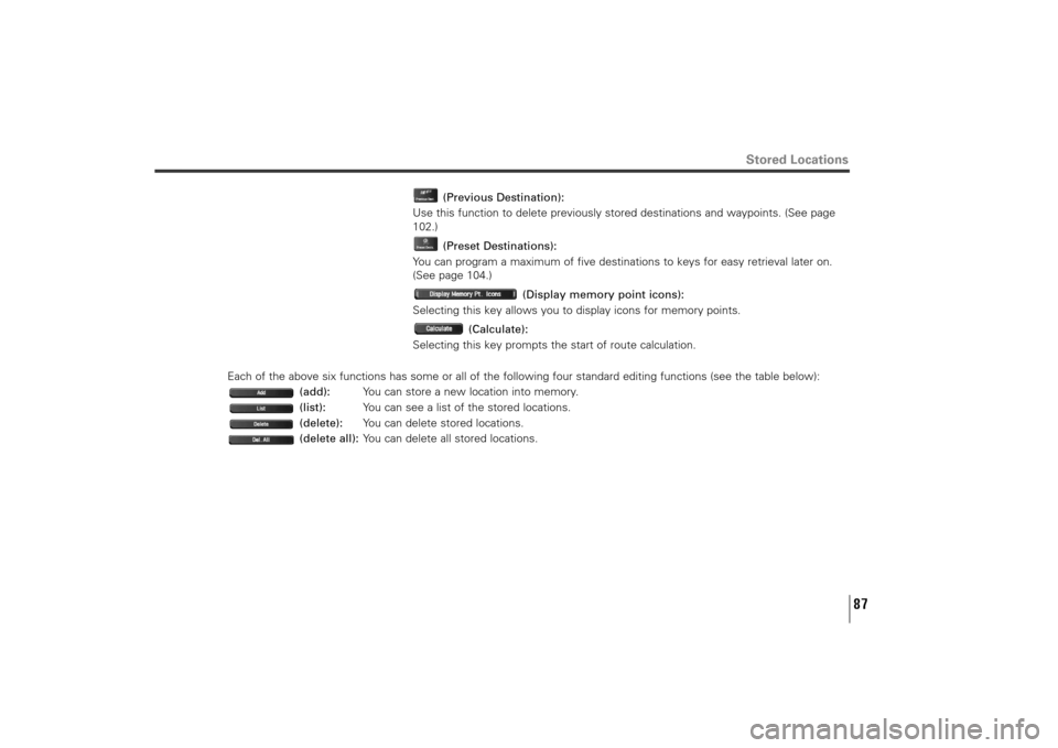 SUBARU TRIBECA 2011 1.G Navigation Manual 87
Stored Locations
(Previous Destination):
Use this function to delete previously stored destinations and waypoints. (See page
102.)
(Preset Destinations):
You can program a maximum of five destinati