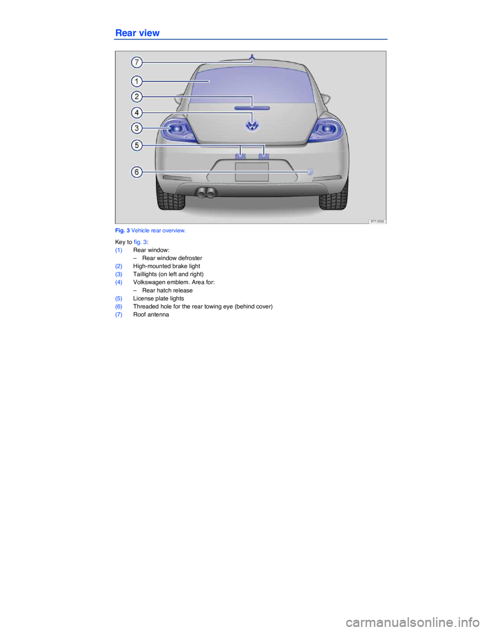 VOLKSWAGEN BEETLE 2015  Owner´s Manual  
Rear view 
 
Fig. 3 Vehicle rear overview. 
Key to fig. 3: 
(1) Rear window: 
–  Rear window defroster  
(2) High-mounted brake light  
(3) Taillights (on left and right)  
(4) Volkswagen emblem. 