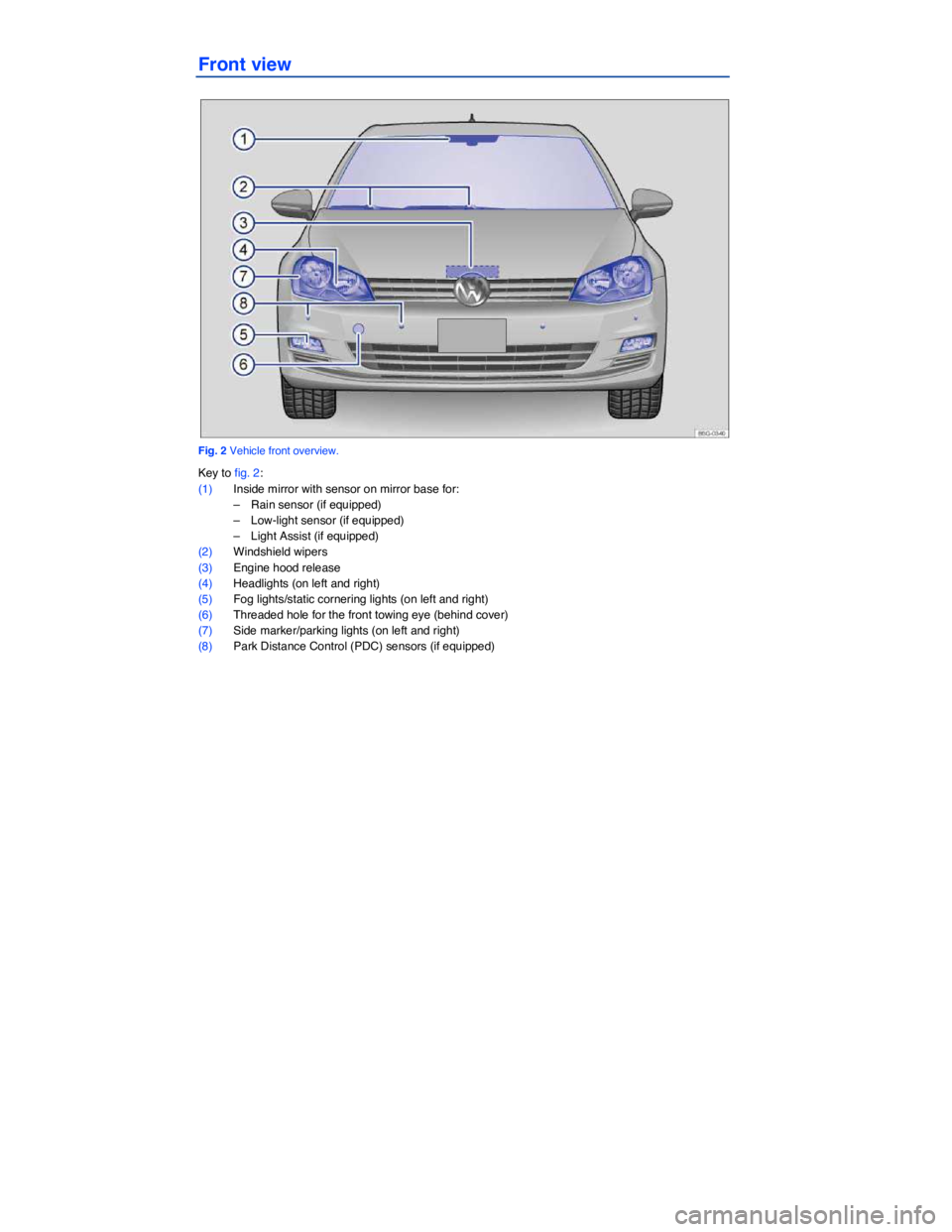 VOLKSWAGEN GOLF PLUS 2015  Owner´s Manual Front view 
 
Fig. 2 Vehicle front overview. 
Key to fig. 2: 
(1) Inside mirror with sensor on mirror base for: 
–  Rain sensor (if equipped)  
–  Low-light sensor (if equipped)  
–  Light Assis