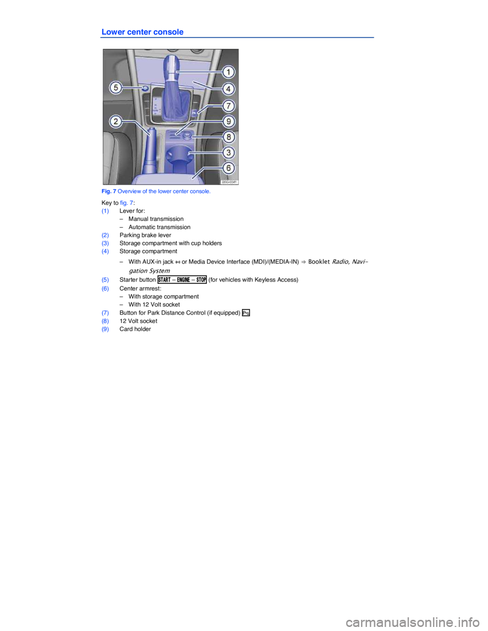 VOLKSWAGEN GOLF PLUS 2015  Owner´s Manual Lower center console 
 
Fig. 7 Overview of the lower center console. 
Key to fig. 7: 
(1) Lever for: 
–  Manual transmission  
–  Automatic transmission  
(2) Parking brake lever  
(3) Storage com