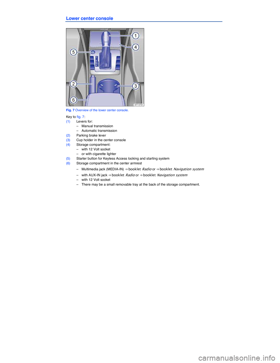 VOLKSWAGEN PASSAT 2014  Owner´s Manual  
Lower center console 
 
Fig. 7 Overview of the lower center console. 
Key to fig. 7: 
(1) Levers for: 
–  Manual transmission  
–  Automatic transmission  
(2) Parking brake lever  
(3) Cup hold