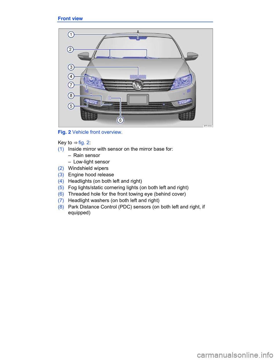 VOLKSWAGEN CC 2015  Owner´s Manual  
Front view 
 
Fig. 2 Vehicle front overview. 
Key to ⇒ fig. 2: 
(1) Inside mirror with sensor on the mirror base for: 
–  Rain sensor  
–  Low-light sensor  
(2) Windshield wipers  
(3) Engi