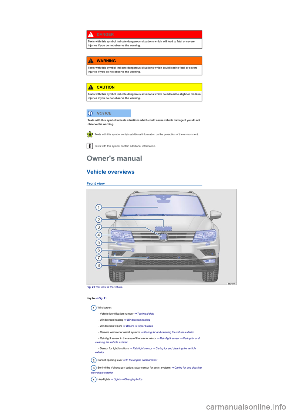 VOLKSWAGEN TIGUAN 2017  Owner´s Manual Texts with this symbol contain additional information on the protection of the environment.
Texts with this symbol contain additional information.
Vehicle overviews
Front view
Fig. 2 Front view of the