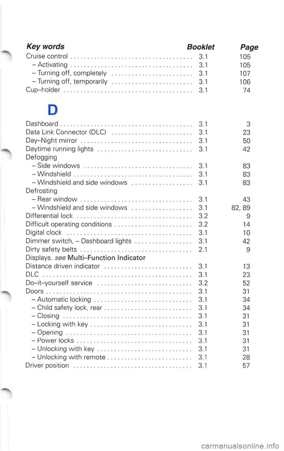 VOLKSWAGEN PASSAT 2000  Owners Manual Keywords Booklet 
. . . . . .  . . .  . . .  . . .  . . . .  . .  . . .  . . . .  . . . . . . . .  . .  3. 1 
D 
Dashboard  .................................... ..  . 3.1 
Data Link  Connector .......