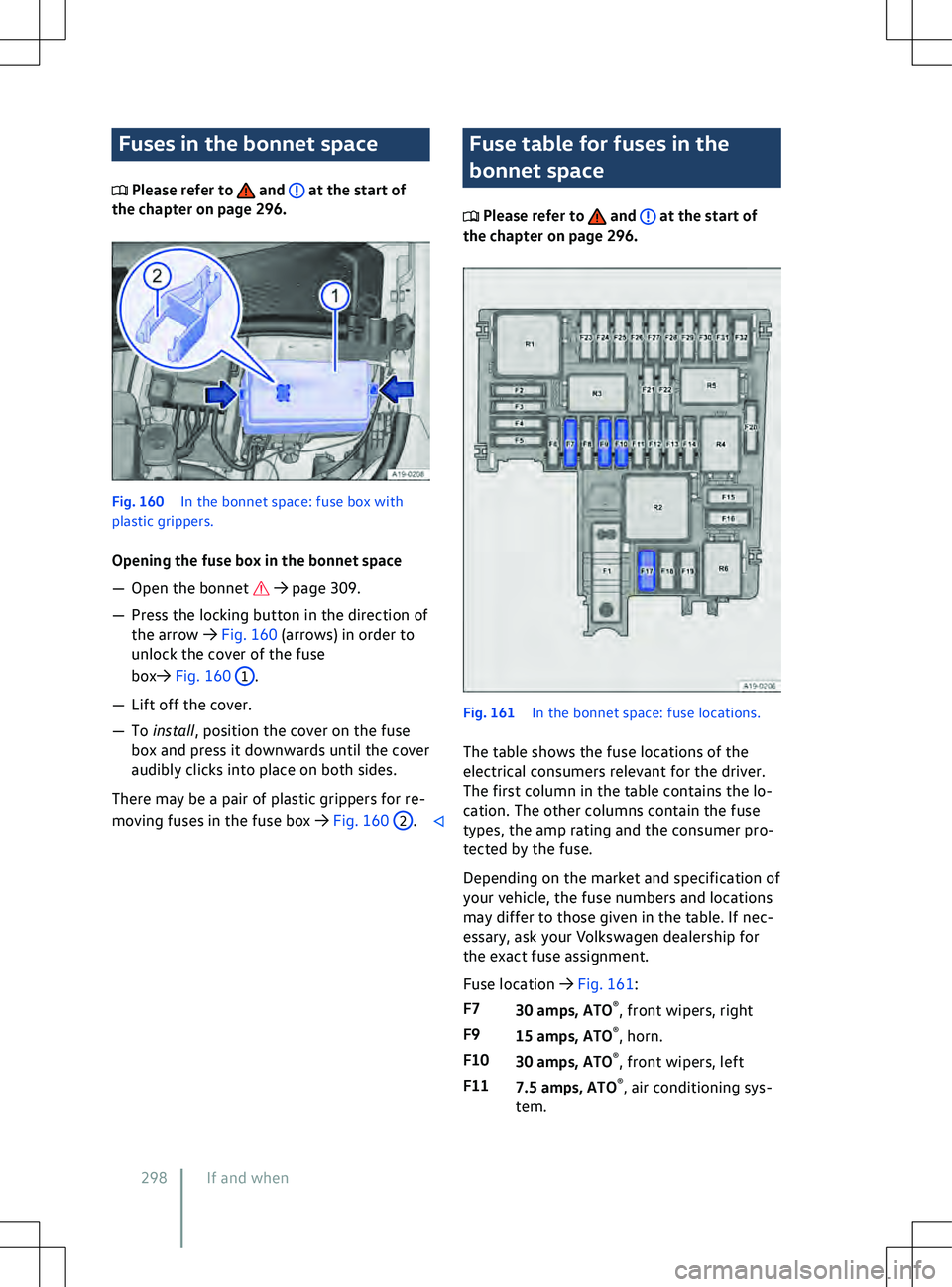 VOLKSWAGEN ID.4 2021  Owners Manual Fuses in the bonnet space
 Please refer to   and   at the start of
the chapter on page 296. Fig. 160 
In the bonnet space: fuse bo x with
plastic grippers.
Opening the fuse box in the bonnet space
