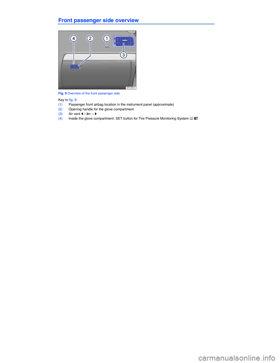 VOLKSWAGEN JETTA 2015  Owners Manual  
Front passenger side overview 
 
Fig. 9 Overview of the front passenger side. 
Key to fig. 9: 
(1) Passenger front airbag location in the instrument panel (approximate)  
(2) Opening handle for the 