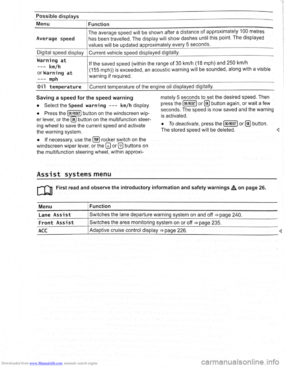 VOLKSWAGEN SCIROCCO 2009  Owners Manual Downloaded from www.Manualslib.com manuals search engine Possible displays 
Menu  Function 
Average  speed  The 
average  sp ee d 
will be  shown  after a  distan ce of appro ximately 100 metres 
h as