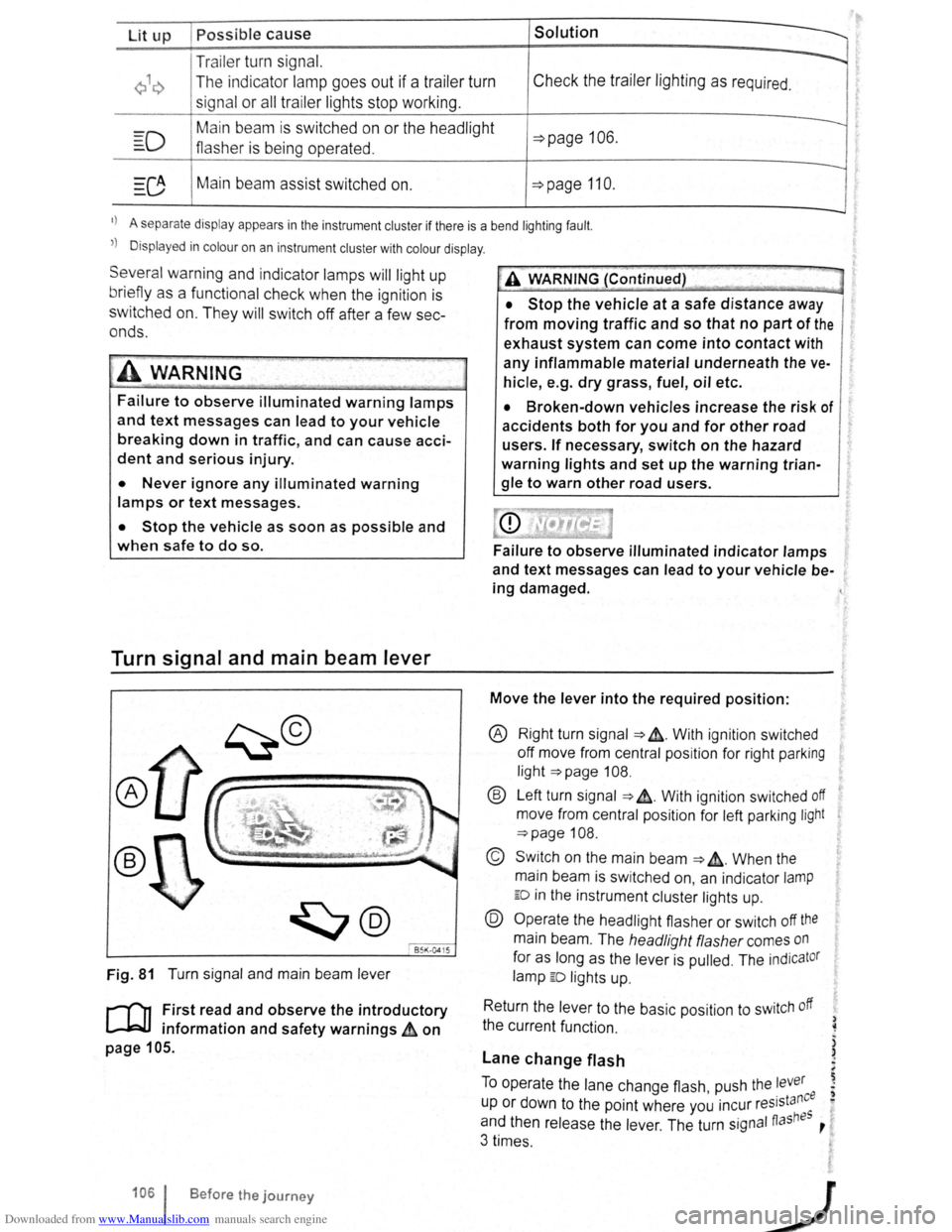 VOLKSWAGEN SCIROCCO 2009  Owners Manual Downloaded from www.Manualslib.com manuals search engine Lit up Possible cause Solution 
Tr ailer  turn signal. -...... 
Q\~ The indica tor lamp goe s out if a tra iler  turn Check  the  trailer  l ig