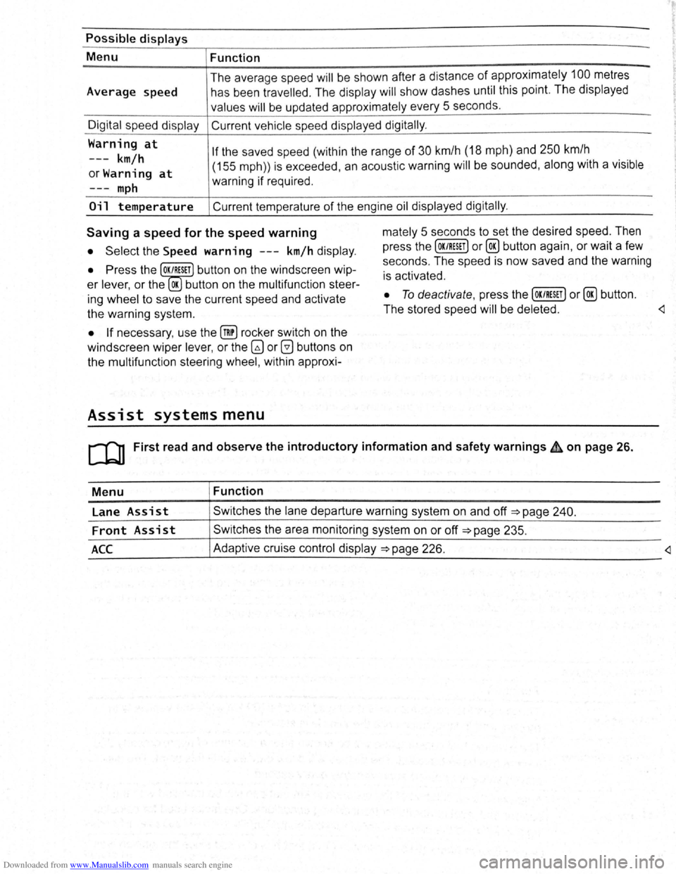 VOLKSWAGEN BEETLE 2010  Owners Manual Downloaded from www.Manualslib.com manuals search engine Possible displays 
Menu  Function 
Average  speed  The 
average  sp ee d 
will be  shown  after a  distan ce of appro ximately 100 metres 
h as