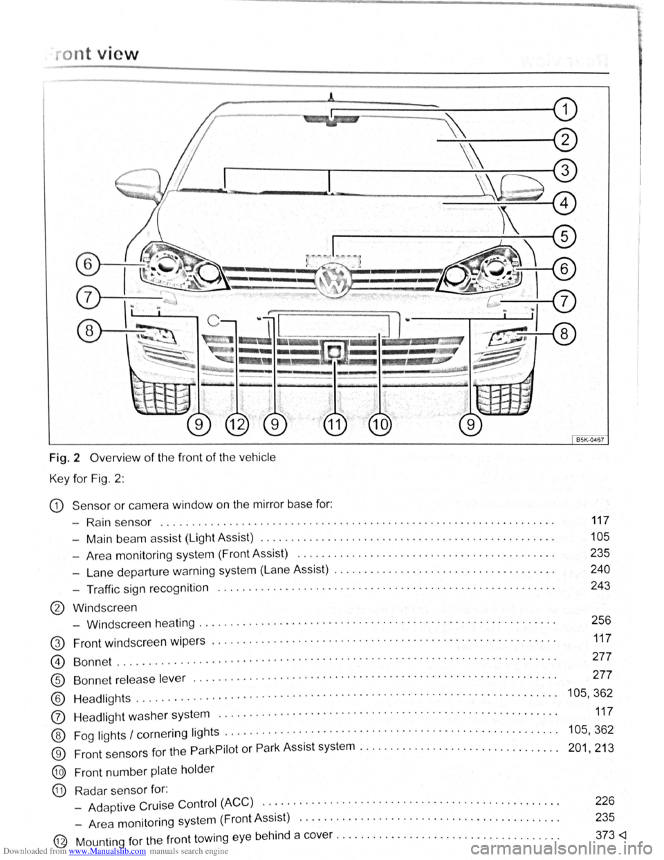 VOLKSWAGEN BEETLE 2009  Owners Manual Downloaded from www.Manualslib.com manuals search engine ont  vie w 
Fig.  2 Overvi ew of the  front of the vehicle 
Key  for  Fig. 2 : 
CD S ensor or camera  window on the mirror  base for: 
- Rai n 