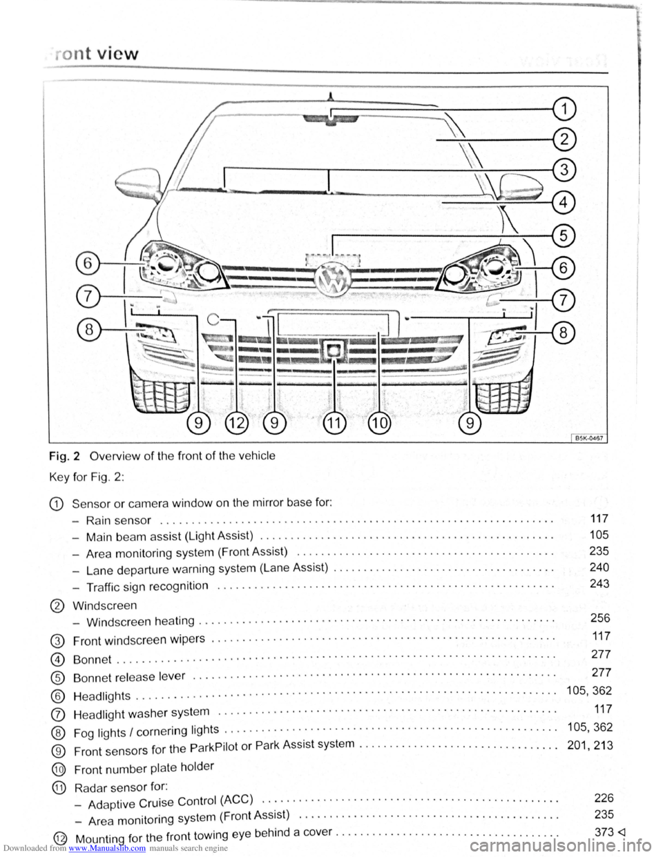 VOLKSWAGEN BEETLE 2008  Owners Manual Downloaded from www.Manualslib.com manuals search engine ont  vie w 
Fig.  2 Overvi ew of the  front of the vehicle 
Key  for  Fig. 2 : 
CD S ensor or camera  window on the mirror  base for: 
- Rai n 