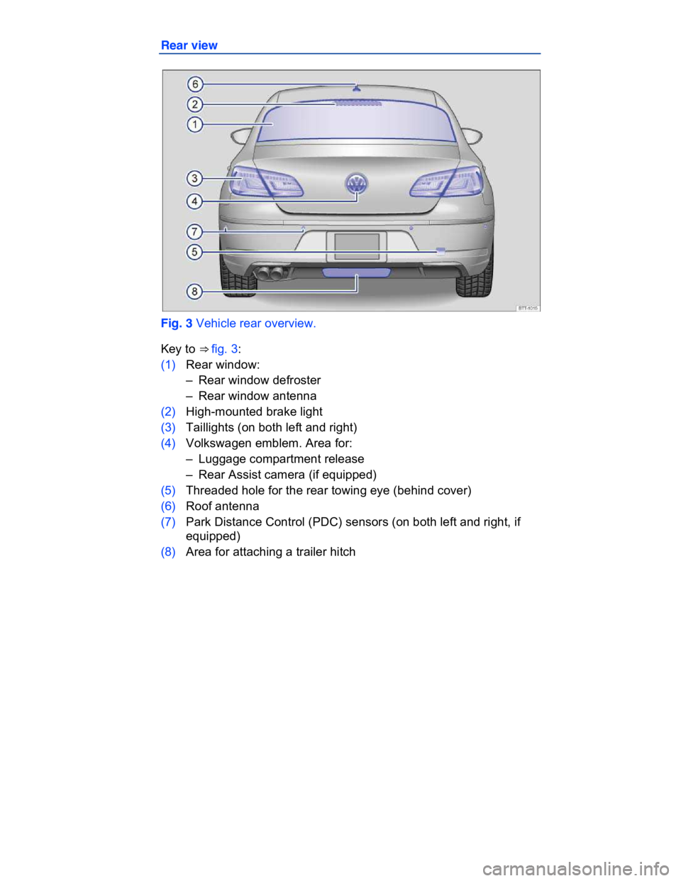 VOLKSWAGEN CC 2011  Owners Manual  
Rear view 
 
Fig. 3 Vehicle rear overview. 
Key to ⇒ fig. 3: 
(1) Rear window: 
–  Rear window defroster  
–  Rear window antenna  
(2) High-mounted brake light 
(3) Taillights (on both left