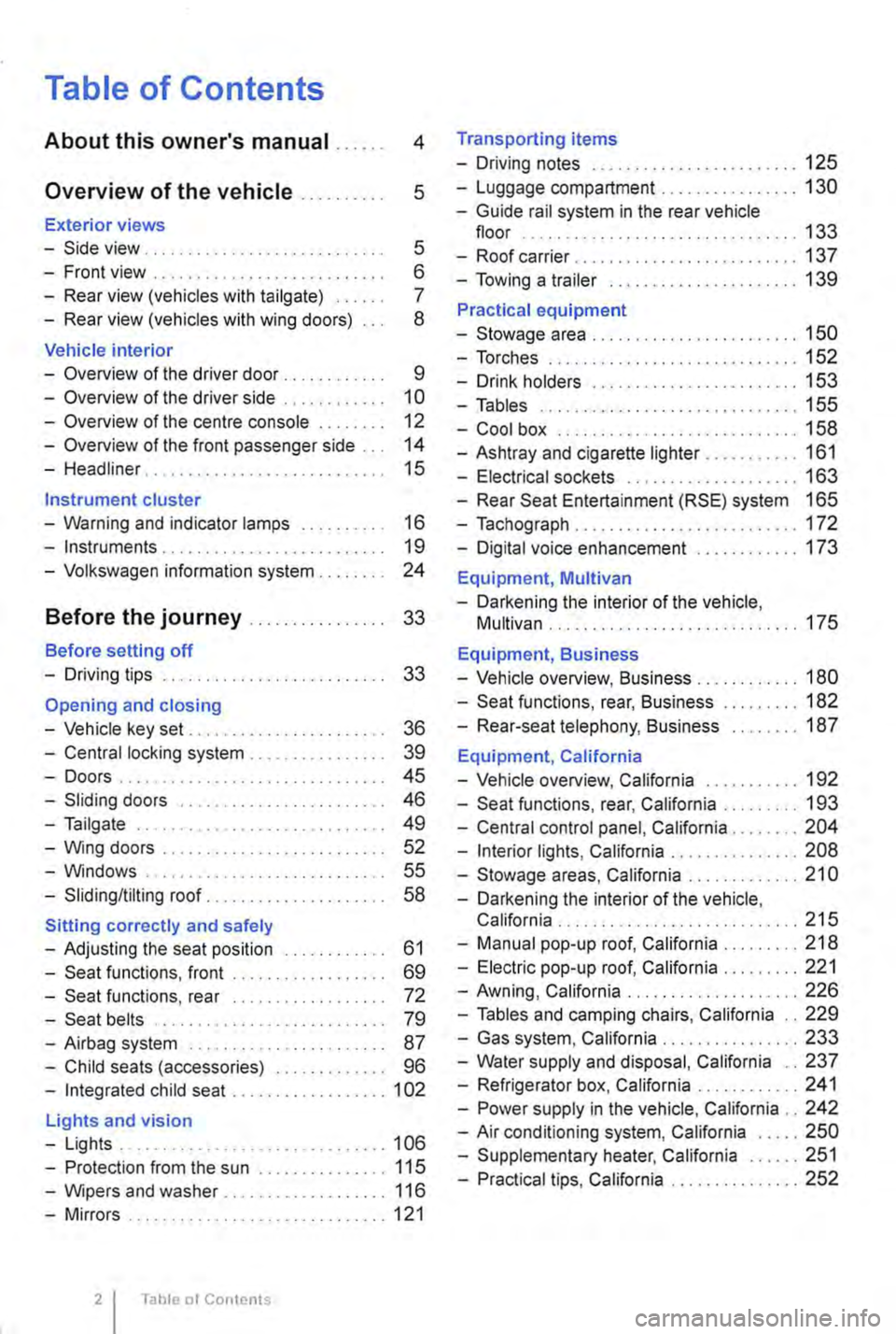 VOLKSWAGEN TRANSPORTER 2019  Owners Manual Table of Contents 
About this owners manual . . . . . . 4 
Overview of the vehicle . . . . . . . . . . 5 
Exterior views 
-Side view . . . . . . . . . . . . . . . . . . . . . . . . . . . . 5 
-Front 