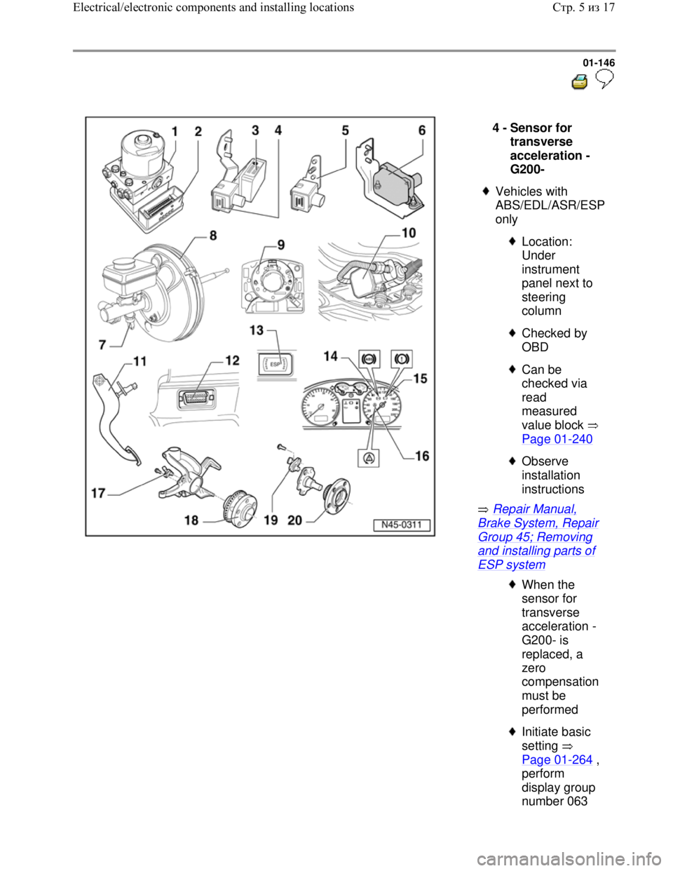 VOLKSWAGEN JETTA 1998  Service Manual Downloaded from www.Manualslib.com manuals search engine 01-146
  
 
  
 Repair Manual, 
Brake System, Repair 
Group 45; Removing 
and installing parts of 
ESP system  4 - 
Sensor for 
transverse 
acc