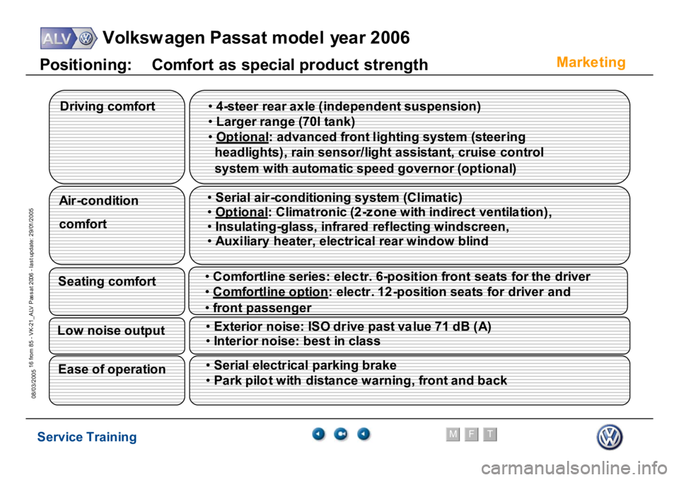 VOLKSWAGEN PASSAT 2006  Service Training Service Training
Volksw agen Passat model year 2006
F
M
T
Te chnical innov ations
16 from 85 - VK-21_ALV Pas s at 2006 - las t update: 29/01/2005
08/03/2005
Marke
ting
P
o
si
tioni
ng:
    C
o
m
for
t