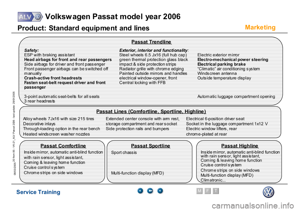 VOLKSWAGEN PASSAT 2006  Service Training Service Training
Volksw agen Passat model year 2006
F
M
T
Te chnical innov ations
20 from 85 - VK-21_ALV Pas s at 2006 - las t update: 29/01/2005
08/03/2005
Marke
ting
P
roduct
: S
tandar
d
 equi
p
m
