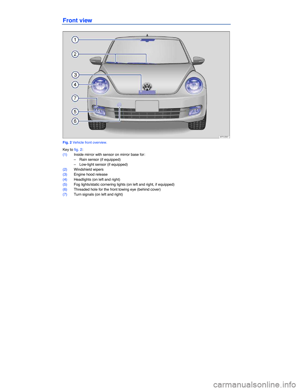 VOLKSWAGEN BEETLE 2015 3.G Owners Manual  
Front view 
 
Fig. 2 Vehicle front overview. 
Key to fig. 2: 
(1) Inside mirror with sensor on mirror base for: 
–  Rain sensor (if equipped)  
–  Low-light sensor (if equipped)  
(2) Windshield