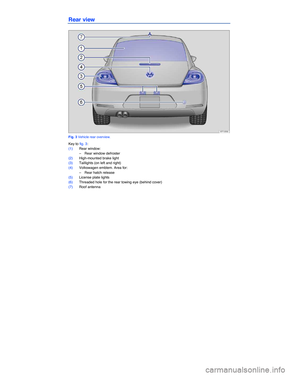 VOLKSWAGEN BEETLE 2015 3.G Owners Manual  
Rear view 
 
Fig. 3 Vehicle rear overview. 
Key to fig. 3: 
(1) Rear window: 
–  Rear window defroster  
(2) High-mounted brake light  
(3) Taillights (on left and right)  
(4) Volkswagen emblem. 