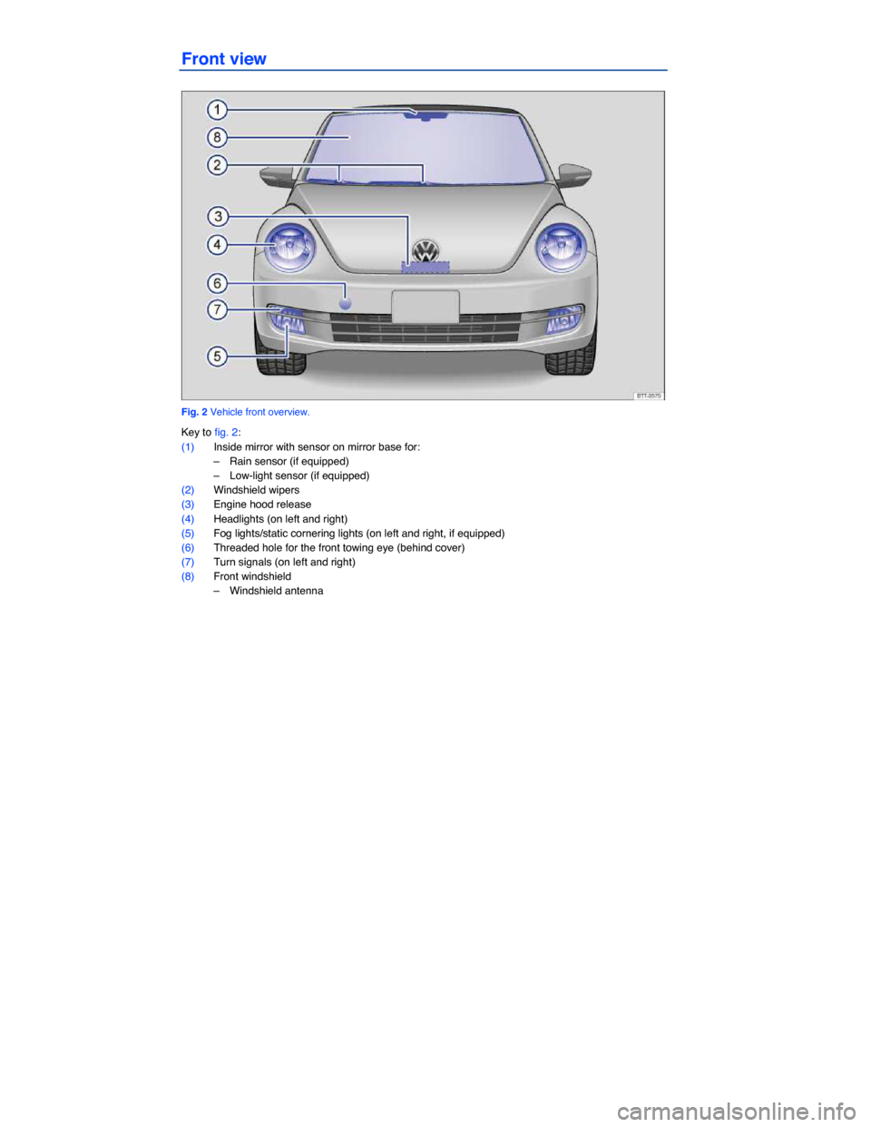 VOLKSWAGEN BEETLE CONVERTIBLE 2015 3.G Owners Manual Front view 
 
Fig. 2 Vehicle front overview. 
Key to fig. 2: 
(1) Inside mirror with sensor on mirror base for: 
–  Rain sensor (if equipped)  
–  Low-light sensor (if equipped)  
(2) Windshield w