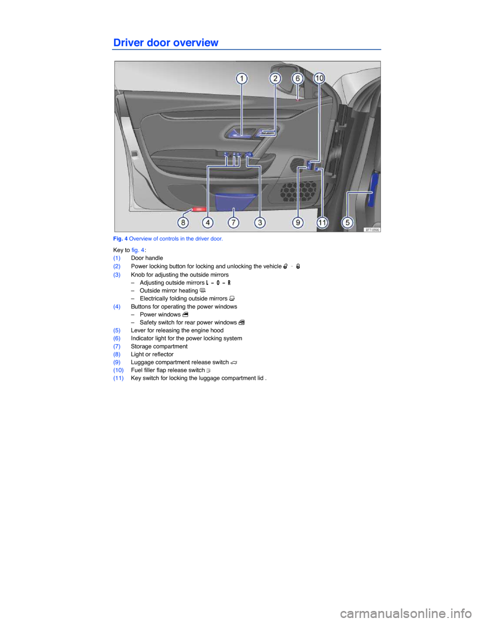 VOLKSWAGEN PASSAT CC 2014 1.G Owners Manual  
Driver door overview 
 
Fig. 4 Overview of controls in the driver door. 
Key to fig. 4: 
(1) Door handle  
(2) Power locking button for locking and unlocking the vehicle �0 – �1  
(3) Knob for adj