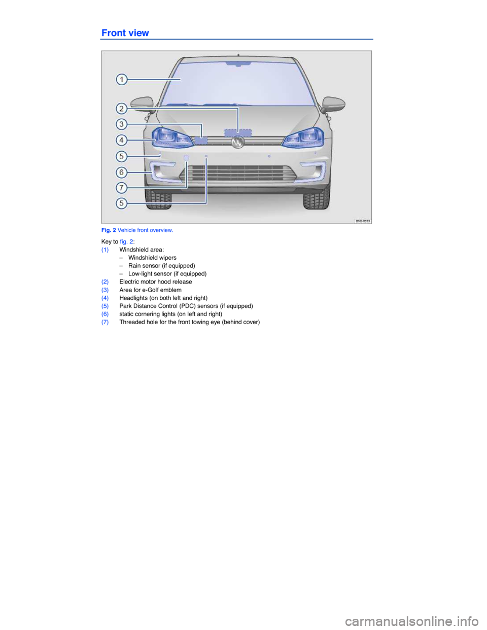 VOLKSWAGEN E GOLF 2015 5G / 7.G Owners Manual  
Front view 
 
Fig. 2 Vehicle front overview. 
Key to fig. 2: 
(1) Windshield area: 
–  Windshield wipers  
–  Rain sensor (if equipped)  
–  Low-light sensor (if equipped)  
(2) Electric motor
