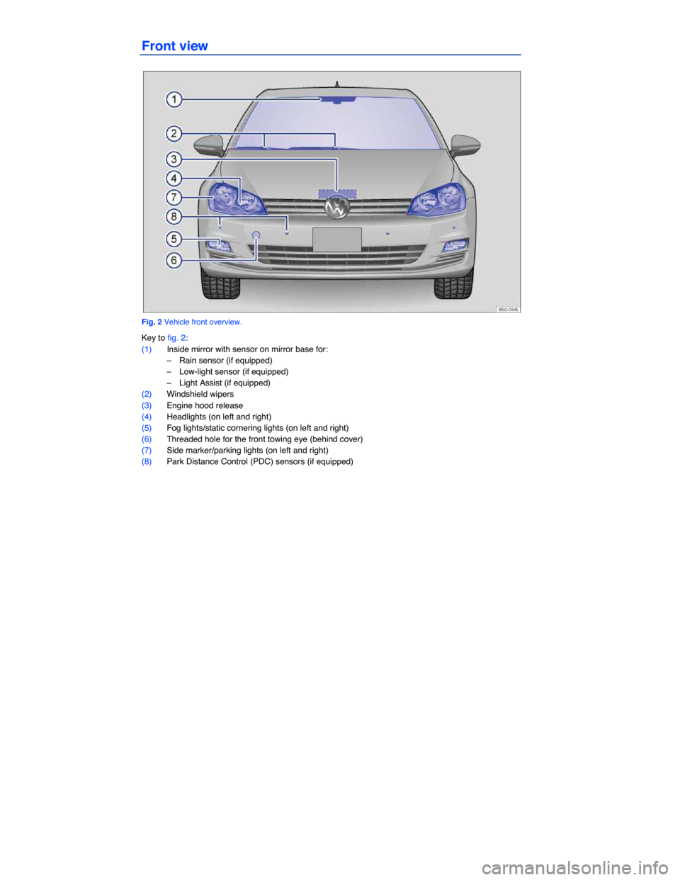 VOLKSWAGEN GOLF 2015 5G / 7.G Owners Manual Front view 
 
Fig. 2 Vehicle front overview. 
Key to fig. 2: 
(1) Inside mirror with sensor on mirror base for: 
–  Rain sensor (if equipped)  
–  Low-light sensor (if equipped)  
–  Light Assis