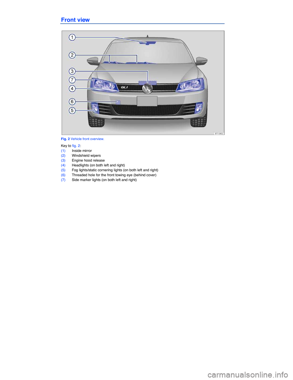 VOLKSWAGEN JETTA GLI 2014 1B / 6.G Owners Manual  
Front view 
 
Fig. 2 Vehicle front overview. 
Key to fig. 2: 
(1) Inside mirror  
(2) Windshield wipers  
(3) Engine hood release  
(4) Headlights (on both left and right)  
(5) Fog lights/static co