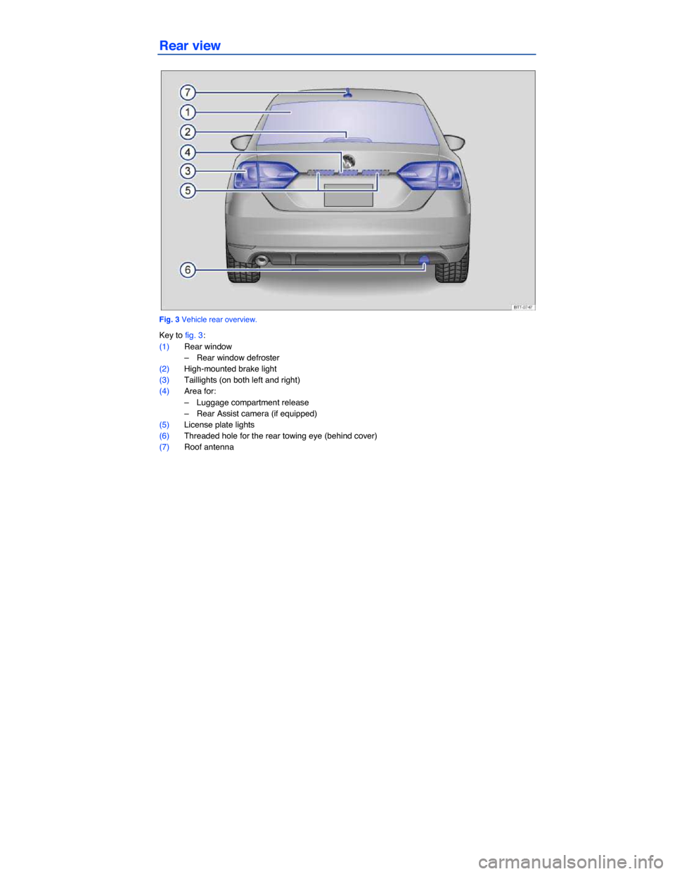 VOLKSWAGEN JETTA GLI 2014 1B / 6.G Owners Manual  
Rear view 
 
Fig. 3 Vehicle rear overview. 
Key to fig. 3: 
(1) Rear window 
–  Rear window defroster  
(2) High-mounted brake light  
(3) Taillights (on both left and right)  
(4) Area for: 
– 