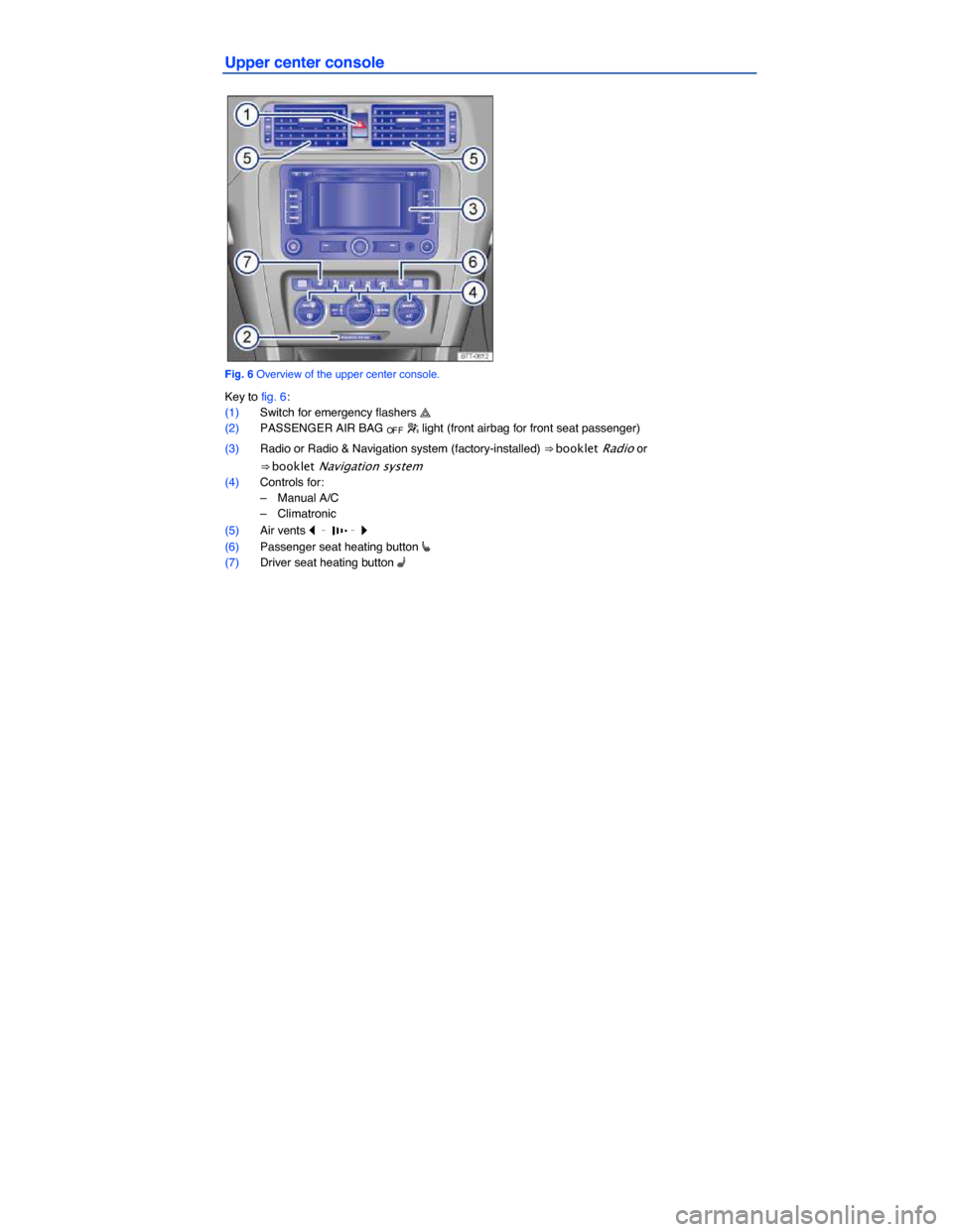 VOLKSWAGEN JETTA GLI 2014 1B / 6.G Owners Manual  
Upper center console 
 
Fig. 6 Overview of the upper center console. 
Key to fig. 6: 
(1) Switch for emergency flashers �  
(2) PASSENGER AIR BAG OF F � light (front airbag for front seat passenge