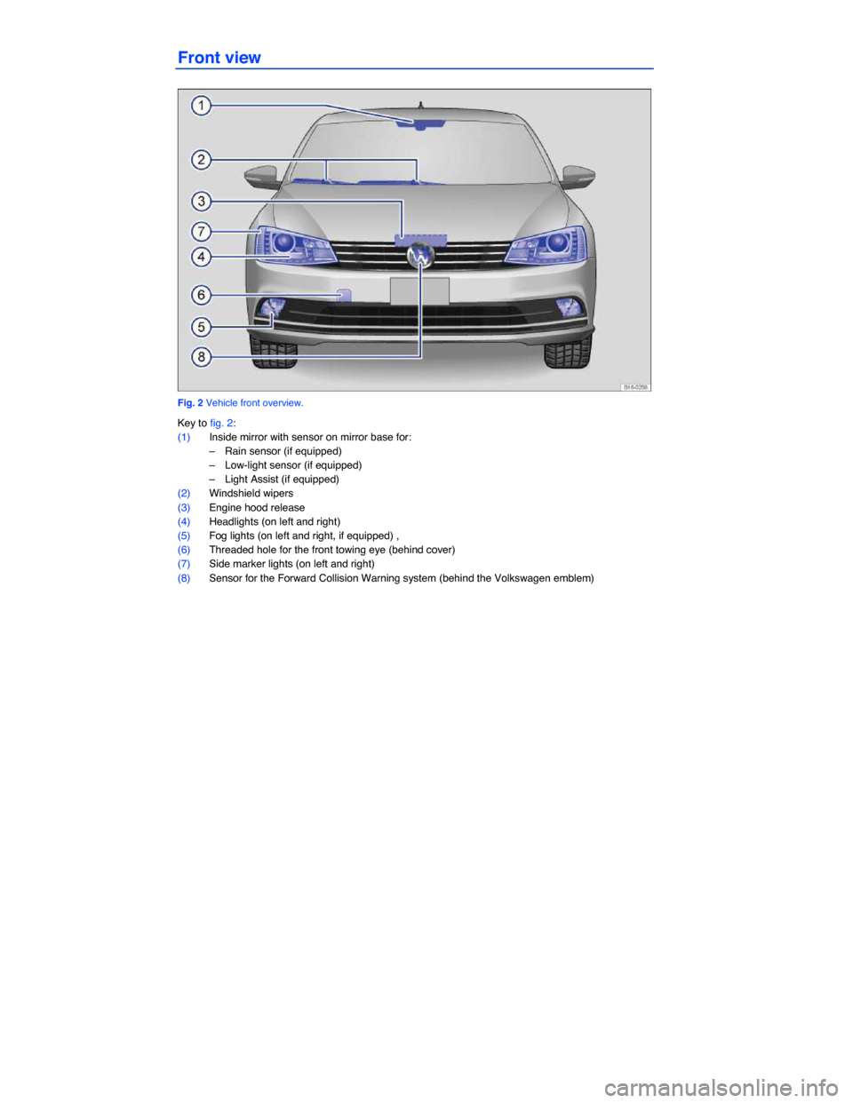 VOLKSWAGEN JETTA 2015 1B / 6.G Owners Manual  
Front view 
 
Fig. 2 Vehicle front overview. 
Key to fig. 2: 
(1) Inside mirror with sensor on mirror base for: 
–  Rain sensor (if equipped)  
–  Low-light sensor (if equipped)  
–  Light Ass
