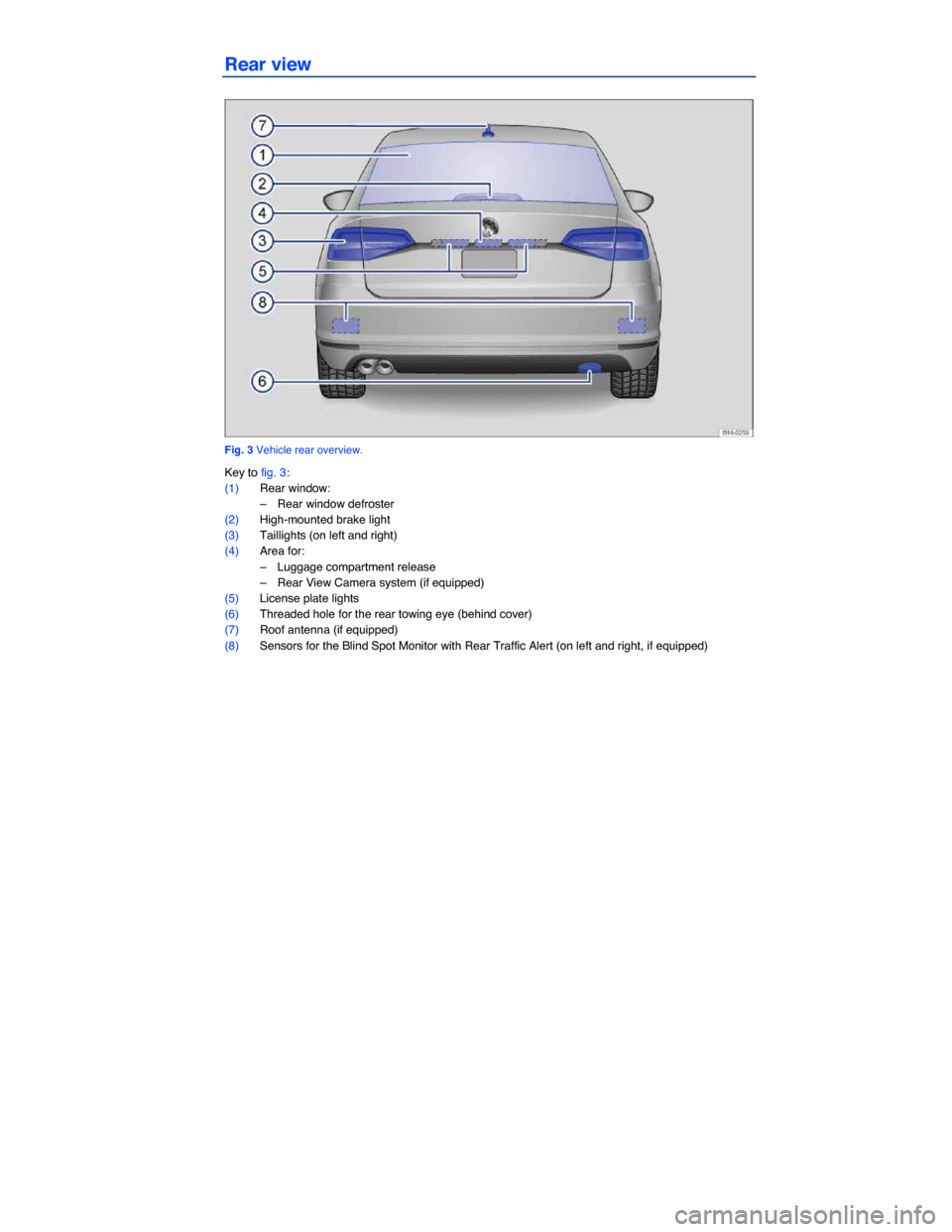 VOLKSWAGEN JETTA 2015 1B / 6.G Owners Manual  
Rear view 
 
Fig. 3 Vehicle rear overview. 
Key to fig. 3: 
(1) Rear window: 
–  Rear window defroster  
(2) High-mounted brake light  
(3) Taillights (on left and right)  
(4) Area for: 
–  Lug