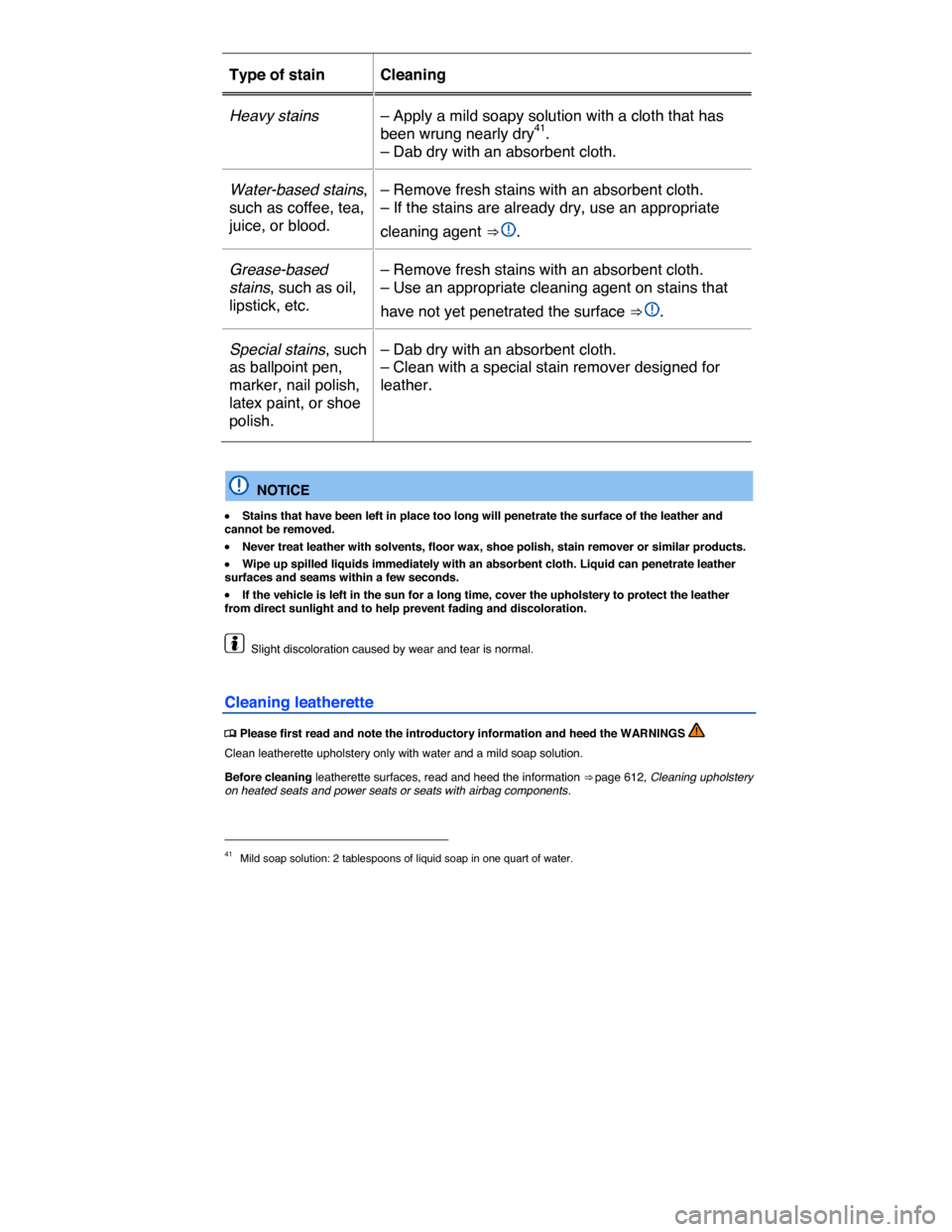 VOLKSWAGEN TOUAREG 2015 2.G Owners Manual  
Type of stain   Cleaning  
Heavy stains  – Apply a mild soapy solution with a cloth that has 
been wrung nearly dry41. 
– Dab dry with an absorbent cloth.  
Water-based stains, 
such as coffee, 