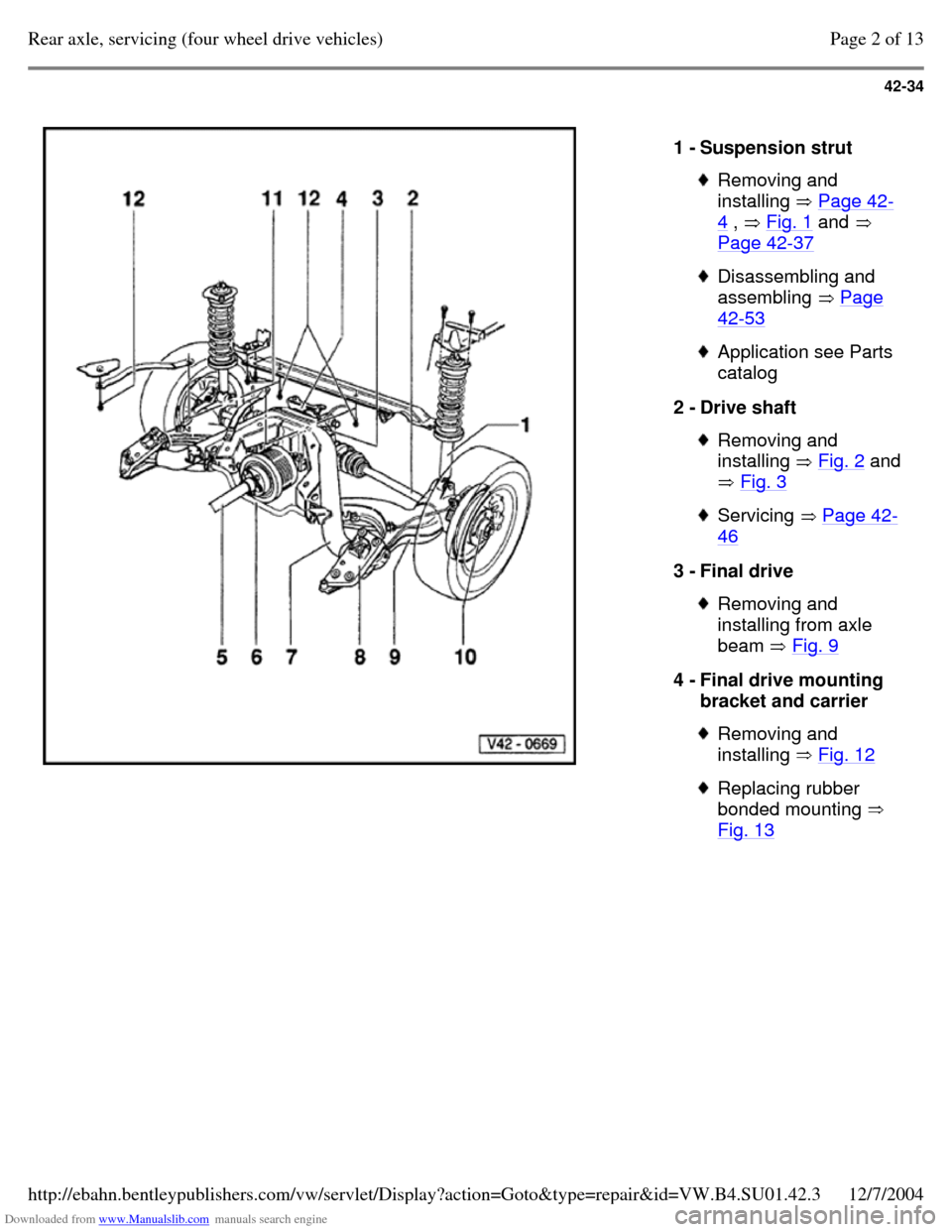 VOLKSWAGEN PASSAT 1997 B3, B4 / 3.G Service Workshop Manual Downloaded from www.Manualslib.com manuals search engine 42-34
   
1 - Suspension strut  Removing and 
installing  Page 42-4 ,  Fig. 1 and  
Page 42-37  Disassembling and 
assembling  Page 42-53  Appl