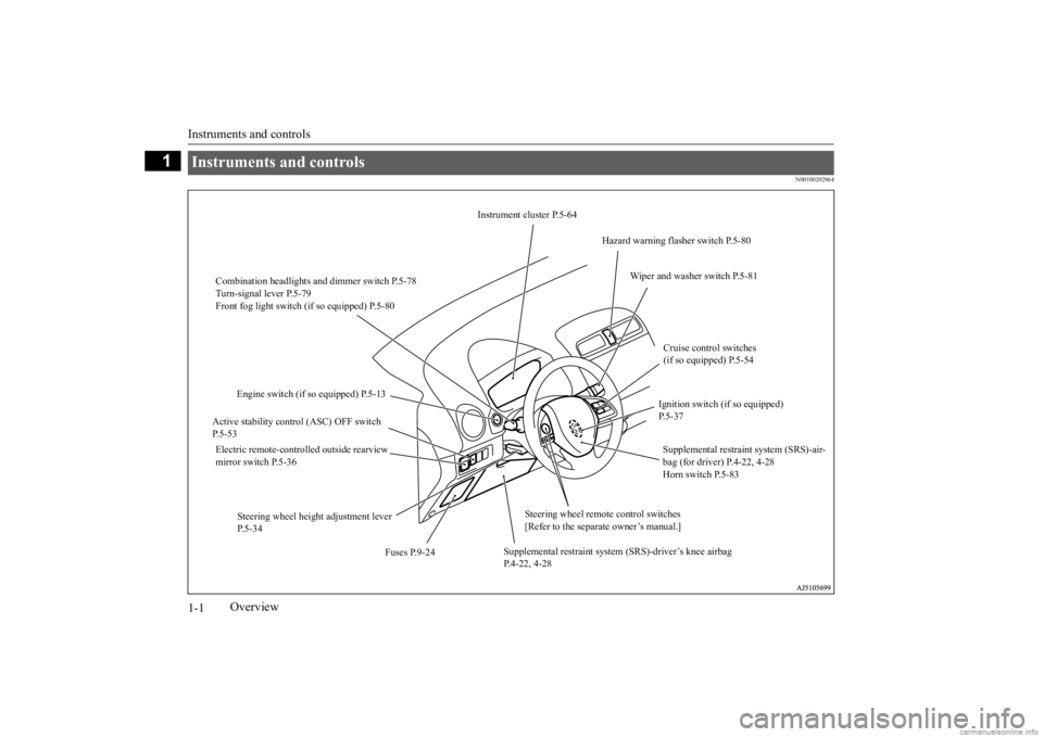 MITSUBISHI MIRAGE G4 2020  Owners Manual (in English) Instruments and controls 1-1
1
Overview
N00100202964
Instruments and controls 
Instrument cluster P.5-64 
Hazard warning flasher switch P.5-80 
Combination headlights and dimmer switch P.5-78 Turn-sig