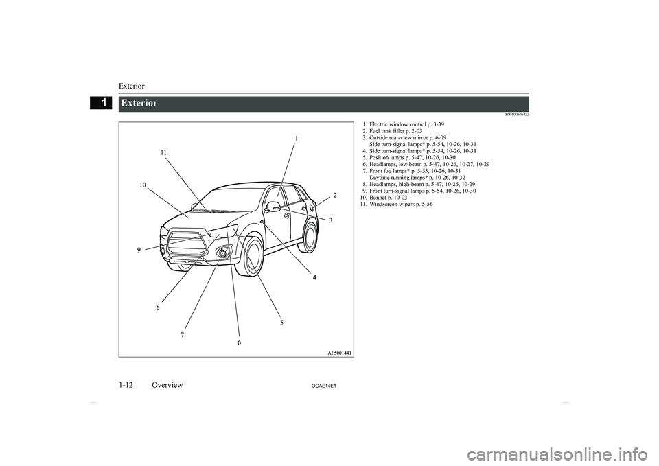 MITSUBISHI ASX 2014  Owners Manual (in English) ExteriorE001005054221. Electric window control p. 3-392. Fuel tank filler p. 2-03
3. Outside rear-view mirror p. 6-09 Side turn-signal lamps* p. 5-54, 10-26, 10-31
4. Side turn-signal lamps* p. 5-54, 