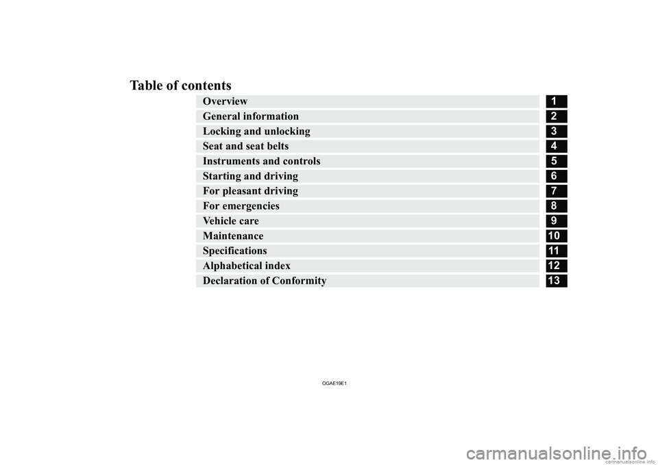 MITSUBISHI ASX 2019  Owners Manual (in English) �T�a�b�l�e� �o�f� �c�o�n�t�e�n�t�s�O�v�e�r�v�i�e�w�1�G�e�n�e�r�a�l� �i�n�f�o�r�m�a�t�i�o�n�2�L�o�c�k�i�n�g� �a�n�d� �u�n�l�o�c�k�i�n�g�3�S�e�a�t� �a�n�d� �s�e�a�t� �b�e�l�t�s�4�I�n�s�t�r�u�m�e�n�t�s� 
