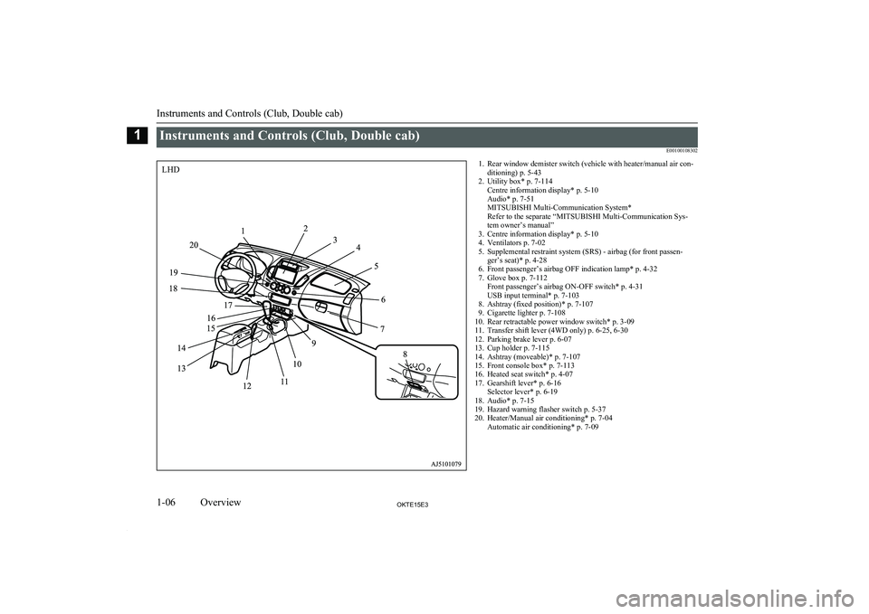 MITSUBISHI L200 2015  Owners Manual (in English) Instruments and Controls (Club, Double cab)E001001083021. Rear window demister switch (vehicle with heater/manual air con-ditioning) p. 5-43
2. Utility box* p. 7-114 Centre information display* p. 5-1