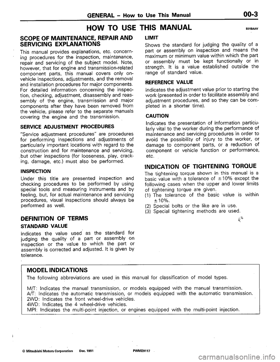 MITSUBISHI COLT 1992  Workshop Manual 